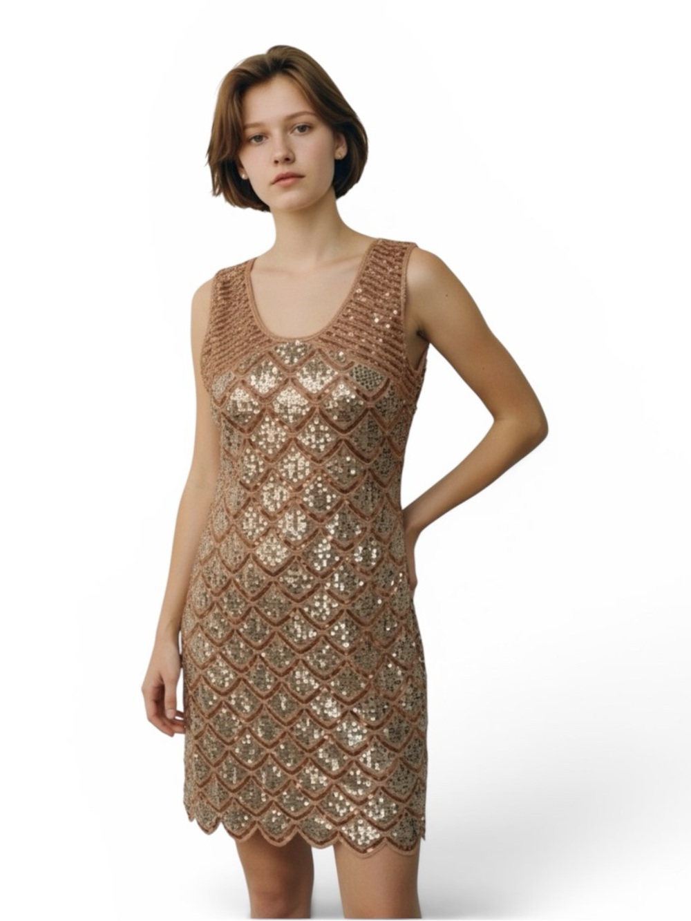 Pronto USA Sequin Mermaid Art Deco Scallop Dress, rose gold and blue, OS